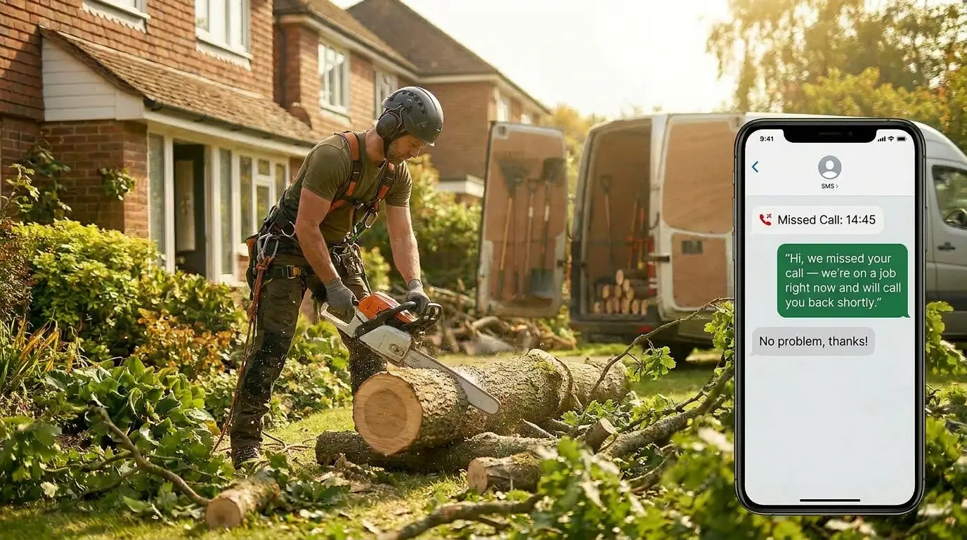 A missed call text back going out while tree surgeon cutting wood near parked vans
