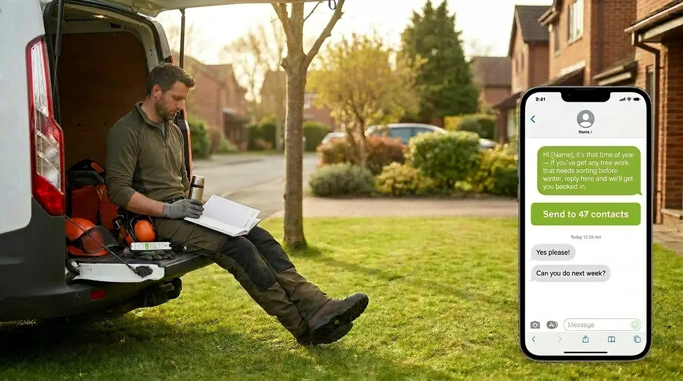 Tree surgeon relaxing after a job. meanwhile the automated seasonal campaign goes out