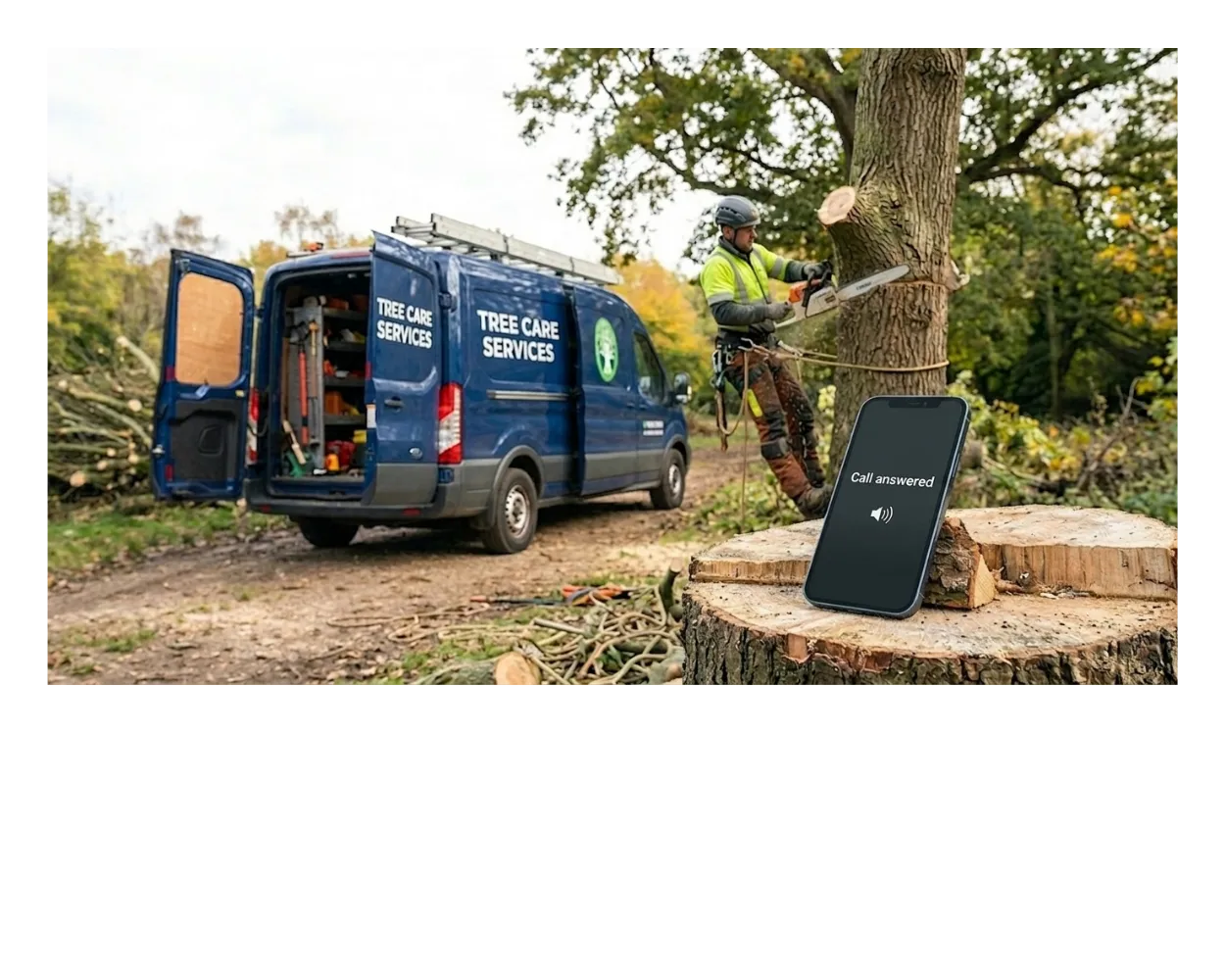 Tree surgeon on site while AI call answering handles an incoming call