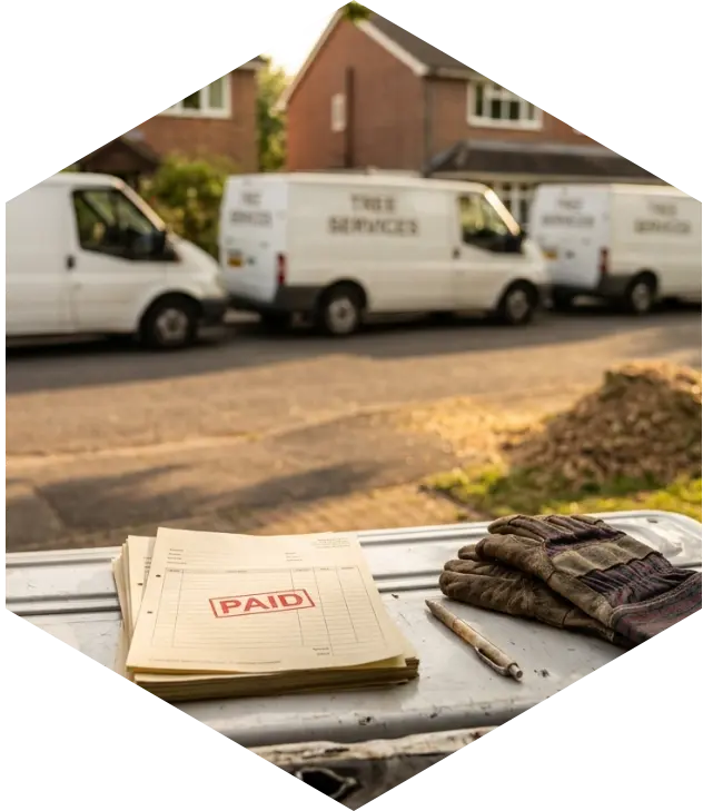 19-tree-service-growth-case-studies-hero Paid tree surgery invoice and gloves on a van tailgate with a fleet of branded vans parked behind