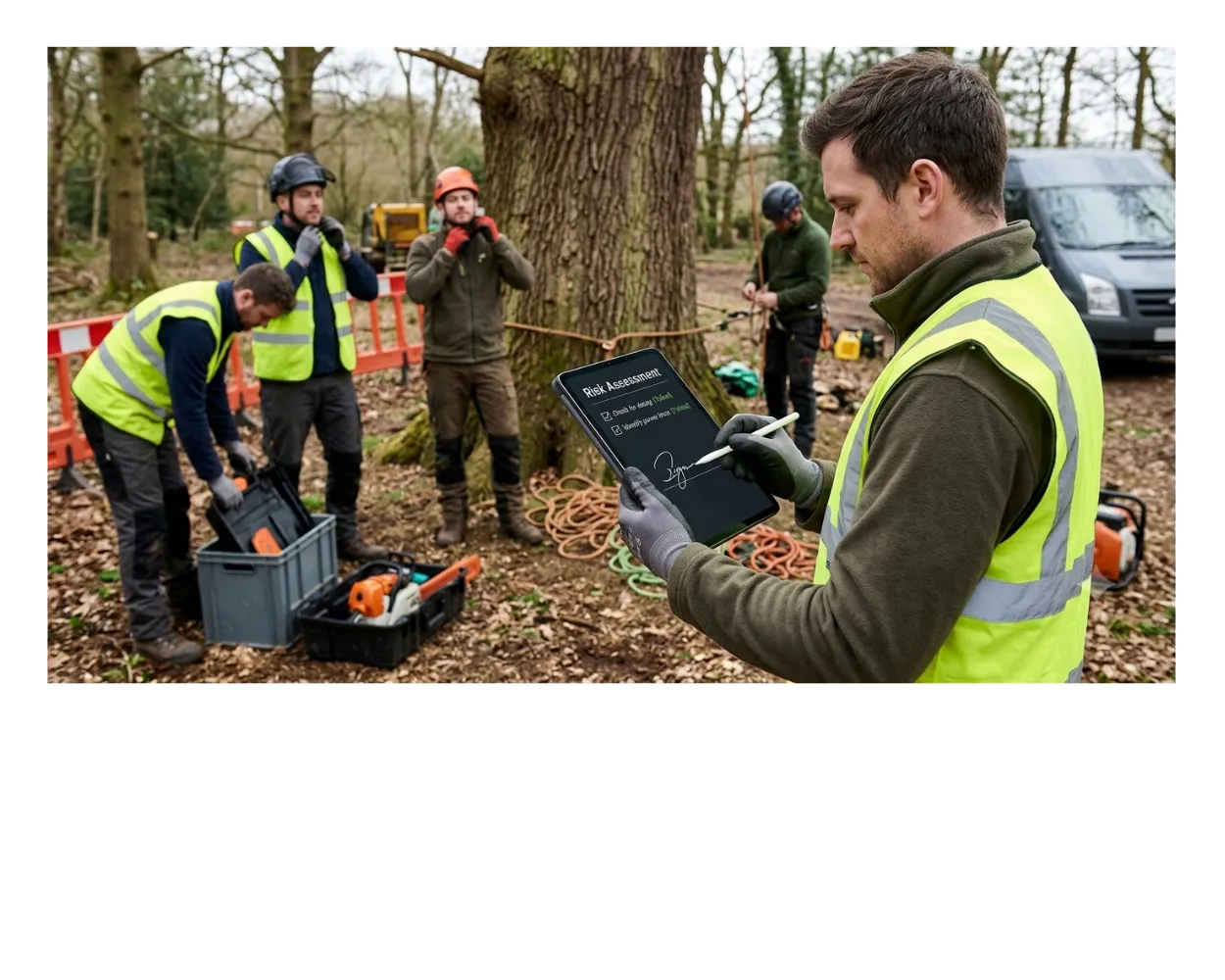 Crew member signing off a digital risk assessment on site