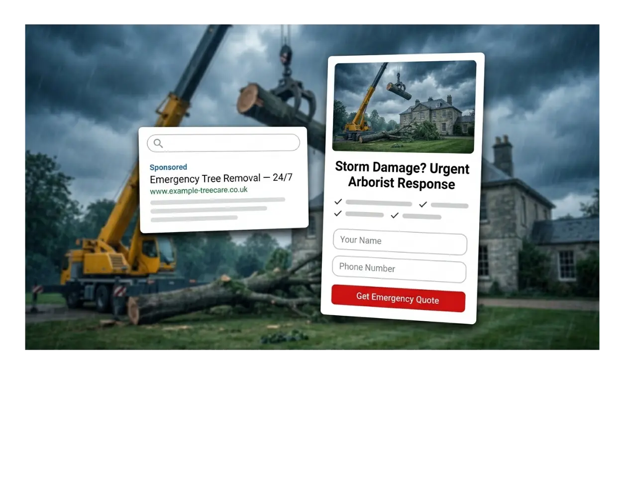 Composite of tree surgery landing page screenshots for emergency, felling, climbing, commercial, survey and hedge services