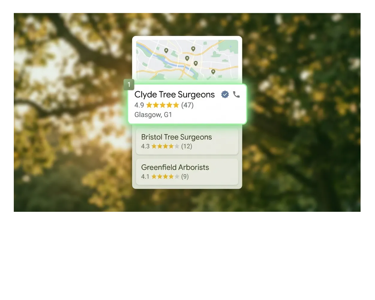 Google local pack listing showing a tree surgery business ranked first with a 4.9-star rating and verified badge