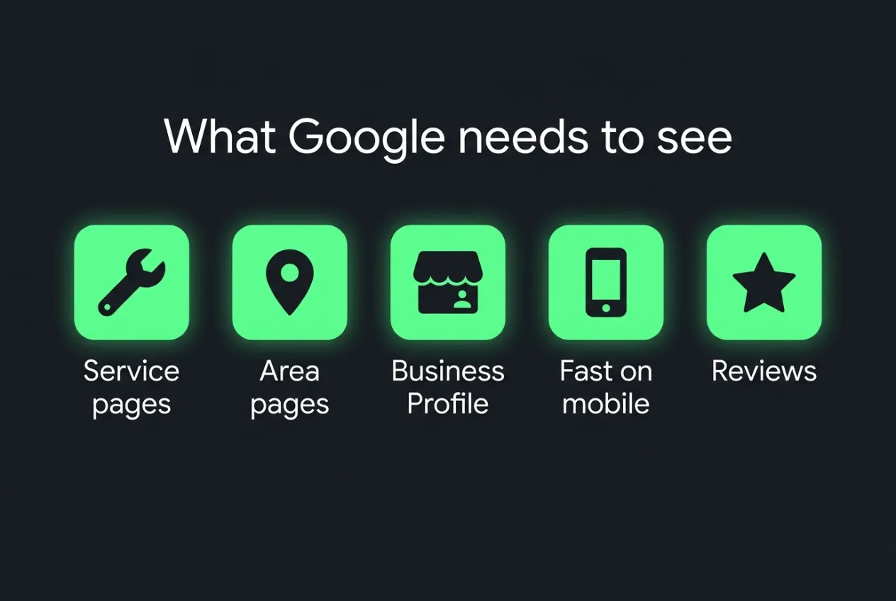 Five icons illustrating what Google needs to rank a tree surgeon website: service pages, area pages, business profile, mobile speed, and reviews