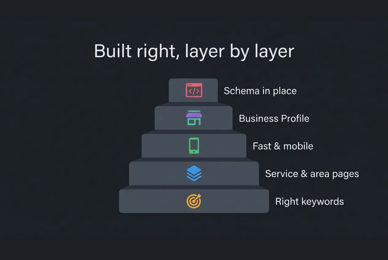Five-layer pyramid diagram showing the foundations of a well-built tree surgeon website: keywords, service and area pages, mobile speed, business profile, and schema