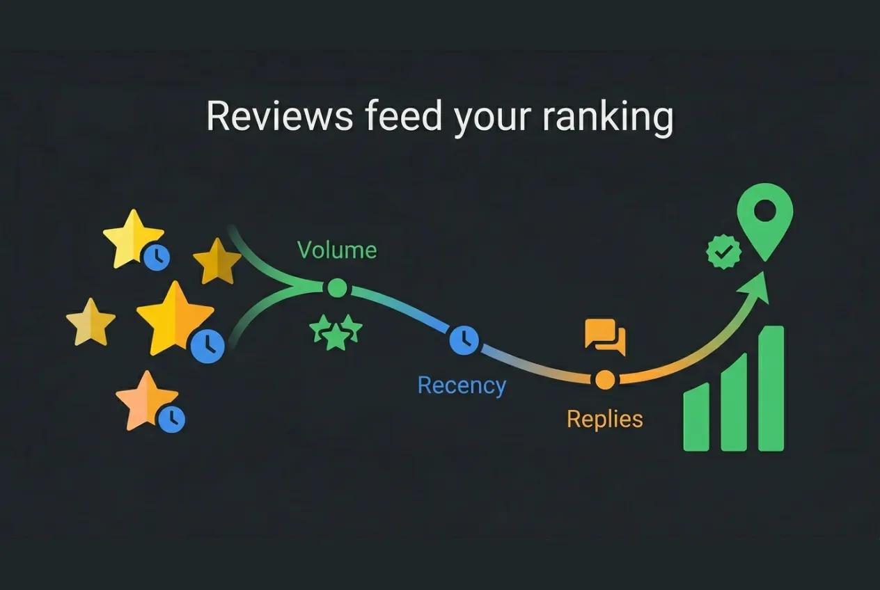 Diagram showing customer reviews flowing into a rising Google ranking position for a tree surgery business