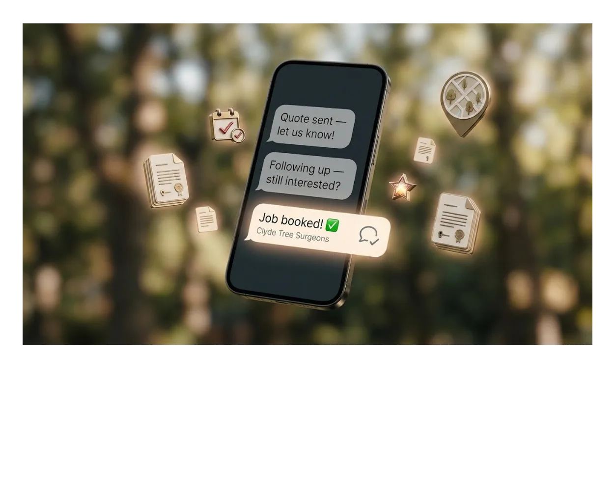 Smartphone showing a WhatsApp conversation ending in a "Job booked" confirmation message for a tree surgery business