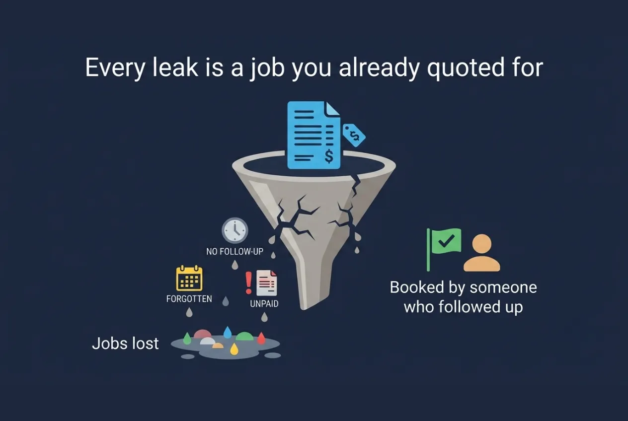 Illustration of a cracked funnel leaking missed follow-ups, forgotten jobs, and unpaid invoices, with a competitor winning the lost job