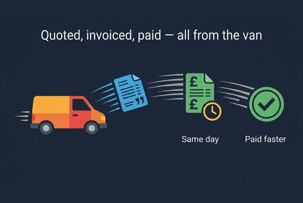Illustration of a quote sent from a work van transforming into an invoice and then a completed payment