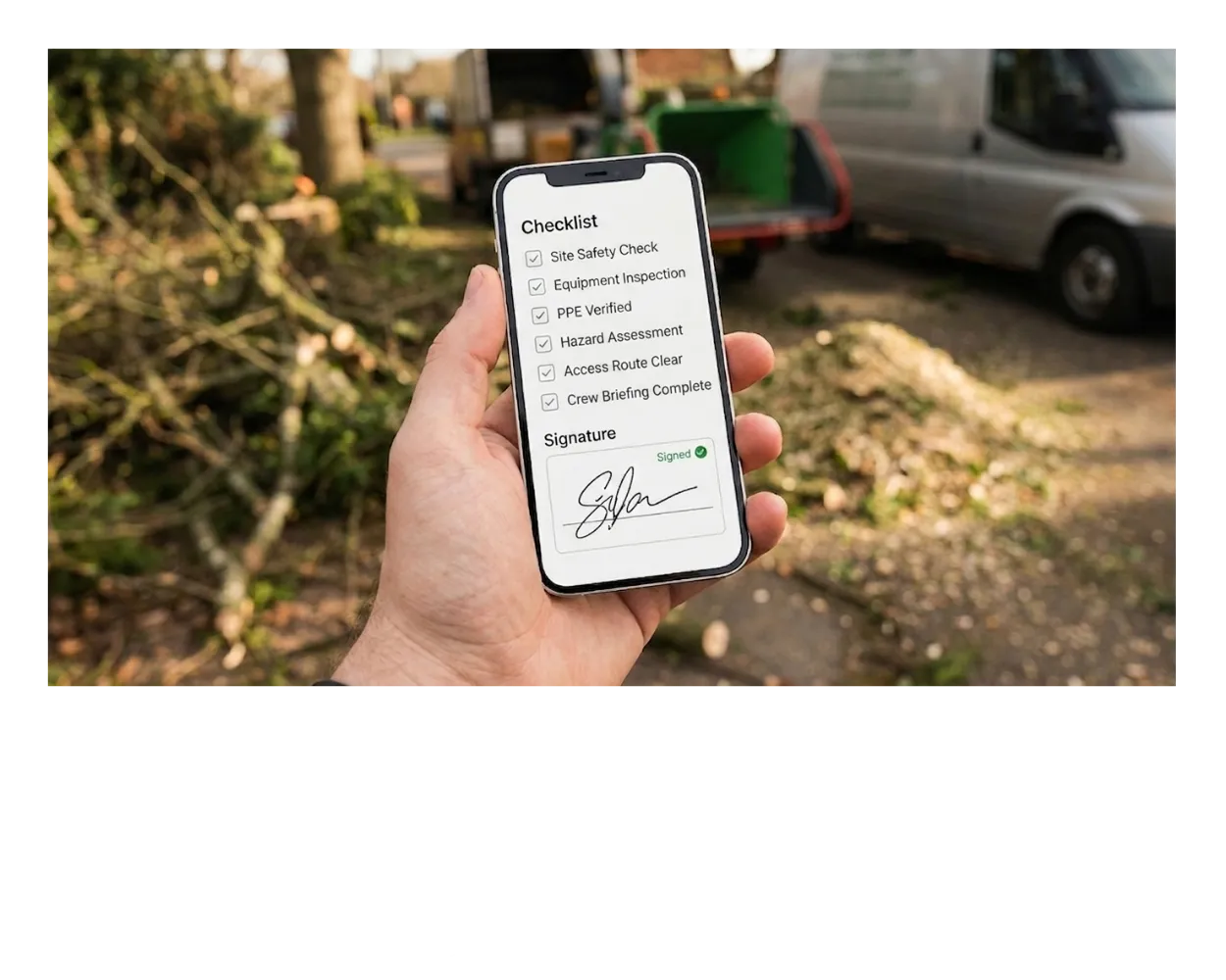 P8-riskassessment-pillar-s1-hero Hand holding a smartphone on a tree surgery job site showing a completed and signed digital risk assessment checklist