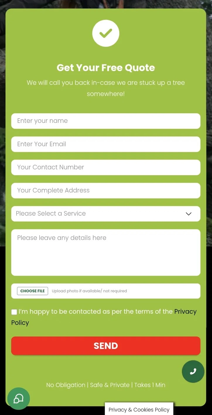 Anonymised mobile screenshot of a click-to-call button and contact form