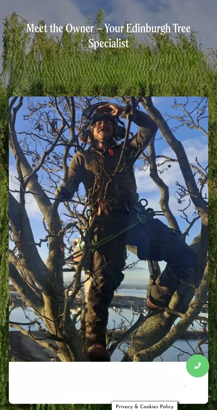 Anonymised mobile screenshot of a staff or owner photo on a tree surgeon homepage