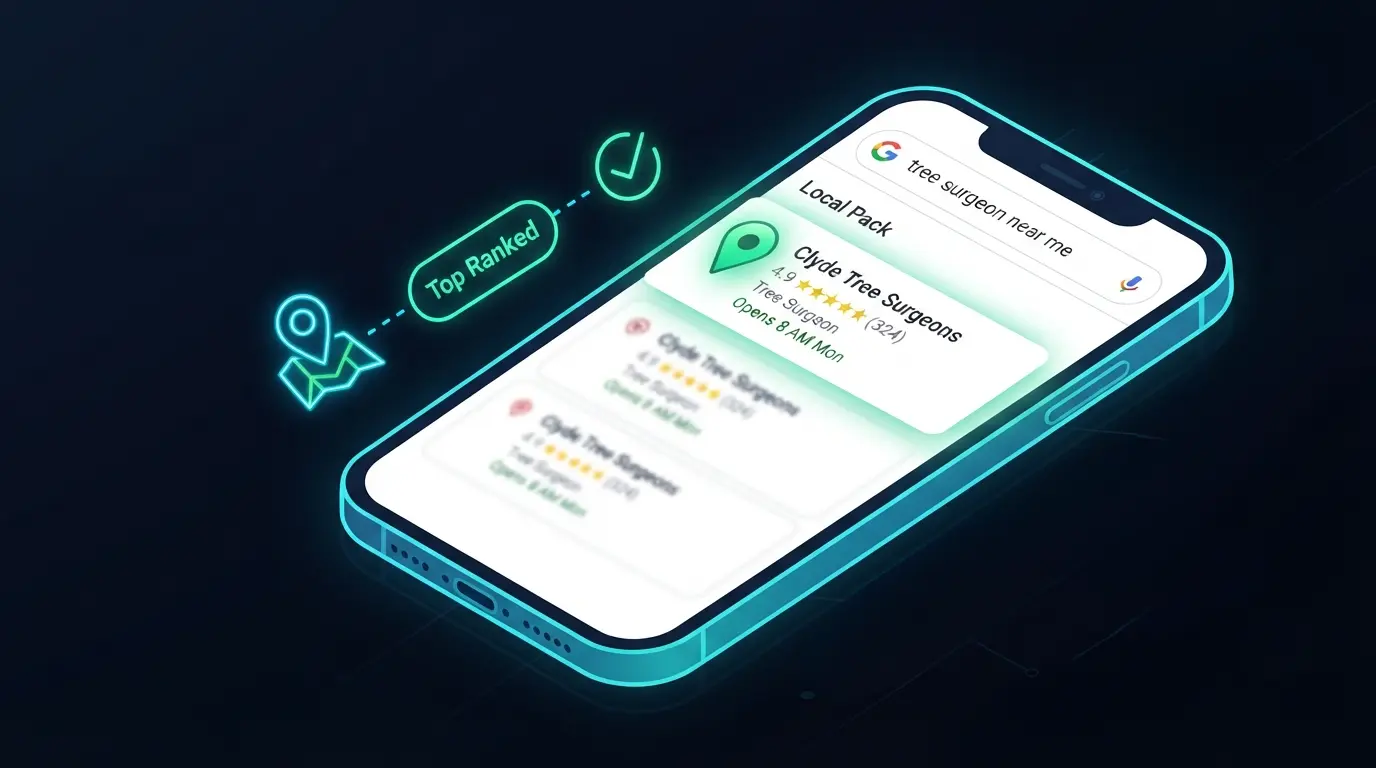 A stylized mobile mockup on a dark background showing Google search results for tree surgeon near me with Clyde Tree Surgeons ranking as the top result