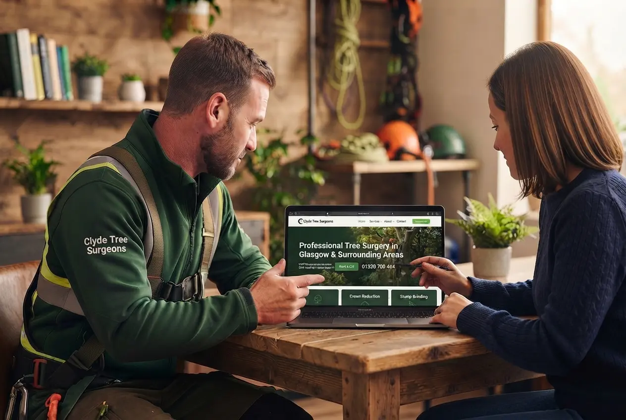 A web design consultant and a tree surgeon sitting together at a wooden table reviewing the Clyde Tree Surgeons website on a laptop in a warm trade setting with tree surgery equipment visible in the background